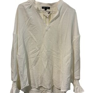 Boho Chic White Ruched Sleeve Tunic Top Split V-Neck Textured Blouse Large